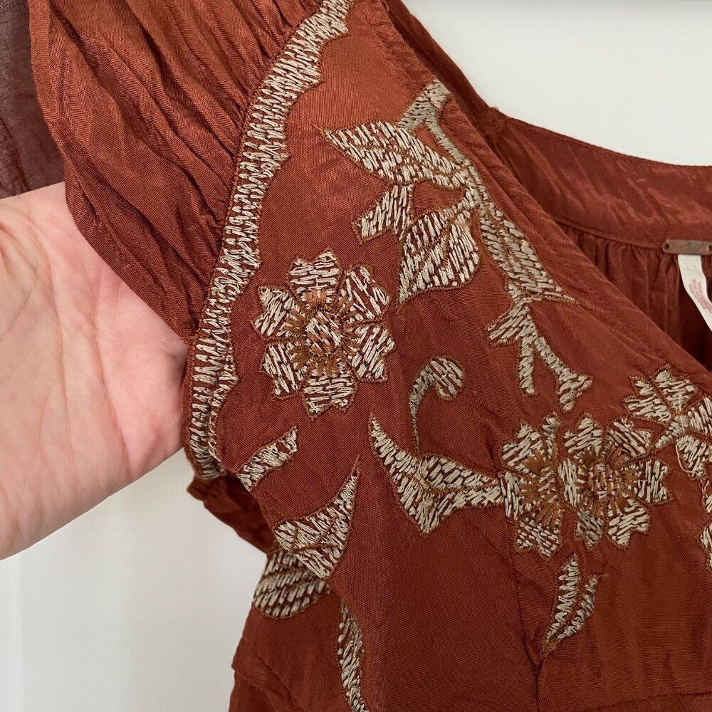 Free People Sahara Embroidered Top Women XS Brown Boho Short Sleeve Blouse - Picture 5 of 8